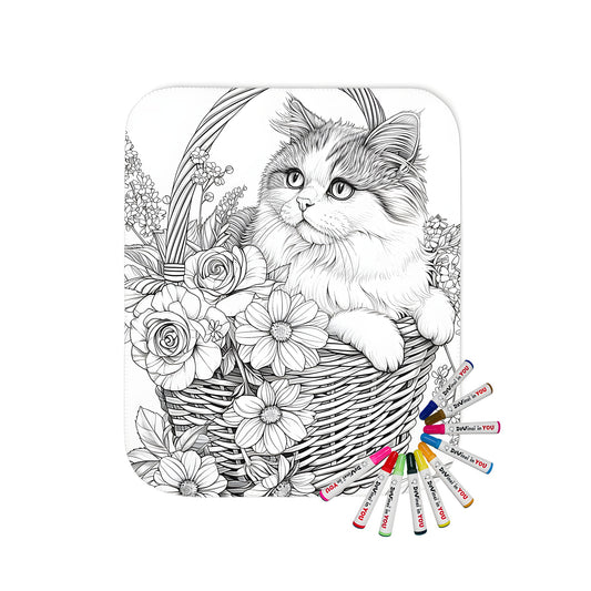 A cozy blanket with a whimsical cat reclining in a flower-filled basket