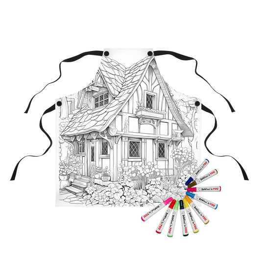 Apron featuring a charming black and white cottage scene with detailed plants and flowers, perfect for a cottagecore enthusiast or crafty adult looking for a unique gift. Includes 10 fabric markers for creative coloring