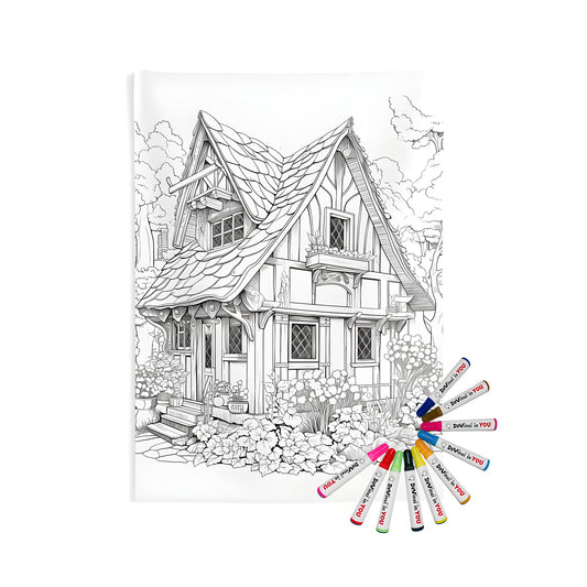 Cozy cottage wall hanging, home decor tapestry with intricate black and white illustrations of a charming village cottage surrounded by lush greenery