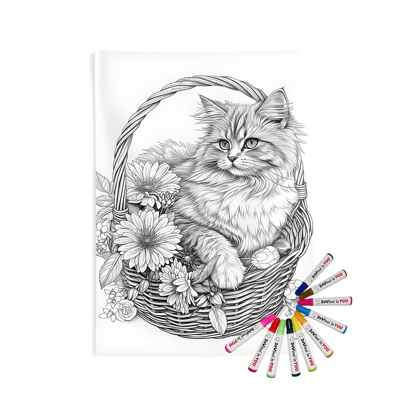 Whimsical Indoor Wall Tapestry featuring a cute cat lounging in a woven basket amidst colorful flowers