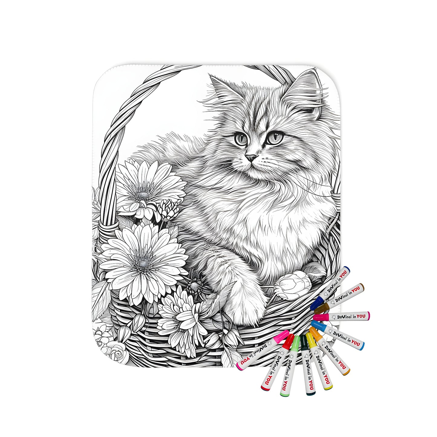 Blanket with cat in a basket design, featuring a fluffy feline comfortably sitting in a woven wicker basket surrounded by colorful flowers