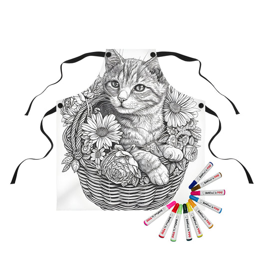 Coloring kit apron with adorable kitten and flower design, featuring detailed black and white illustration