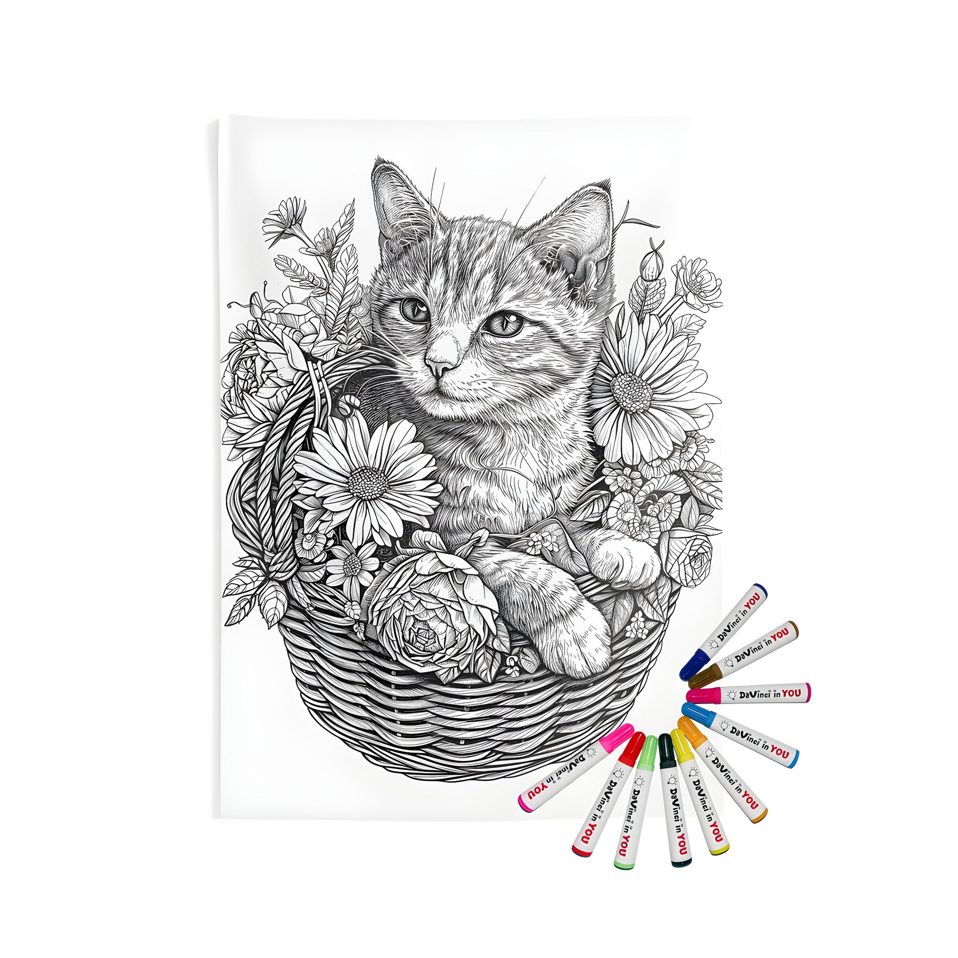 Indoor wall tapestry of kitten with flowers, colorful floral basket and fabric markers for coloring