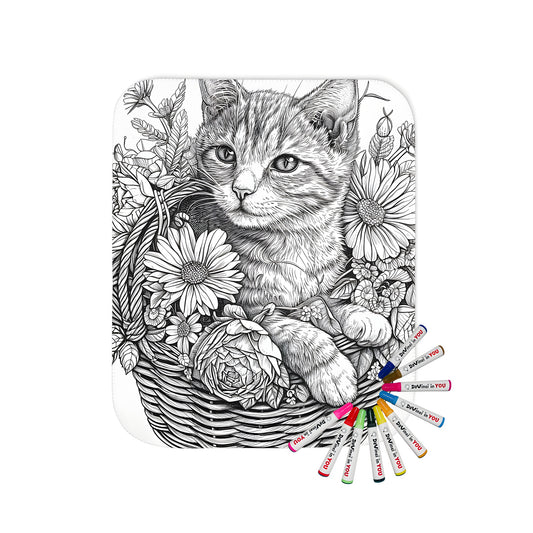 Colorful blanket with adorable kitten design nestled in a floral basket