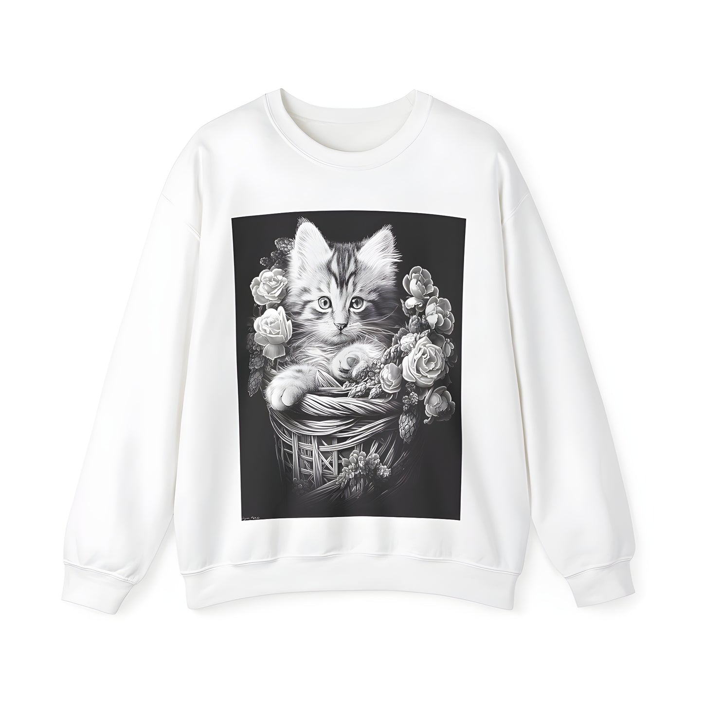 Adorable Kitten Feline Cat Cartoon Illustration on Adult Sweatshirt - Soft Comfortable Casual Wear