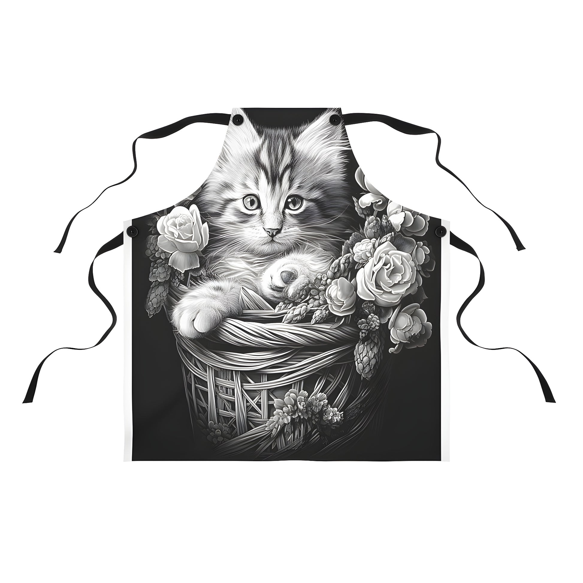 Colorful Apron Design featuring a cute Kitten sitting in a Woven Basket surrounded by beautiful Flowers