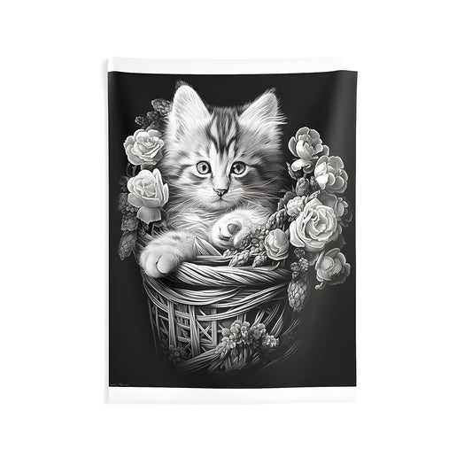 Colorful indoor wall tapestry featuring a cute kitten cat sitting inside a woven basket surrounded by detailed flowers for home decor