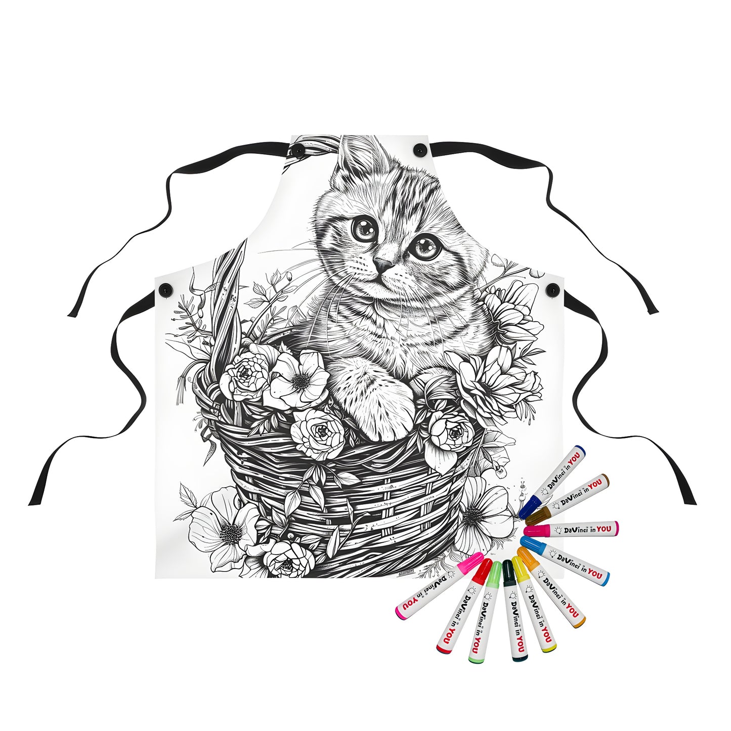 Coloring apron featuring an adorable cat sitting in a woven basket with flowers