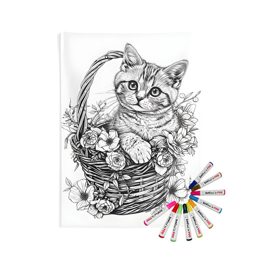 Adorable kitten wall tapestry with colorful markers and woven basket interior