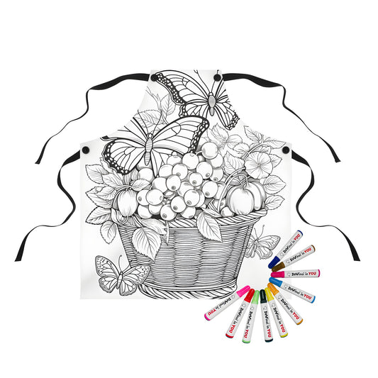 Colorful apron with whimsical fruit hamper and butterfly design