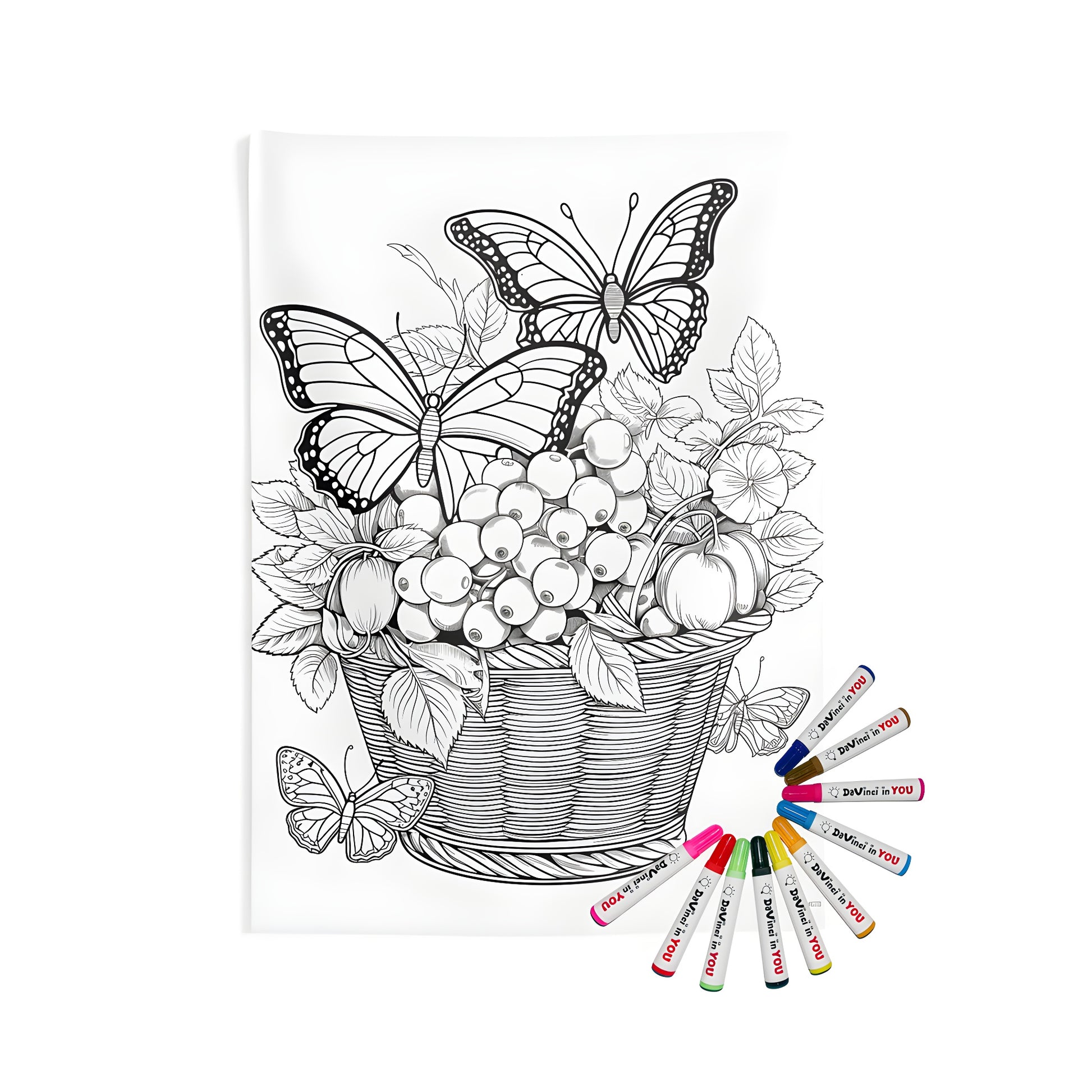 A colorful indoor wall tapestry featuring a detailed fruit hamper design with butterflies fluttering nearby, perfect for a home decor accent.