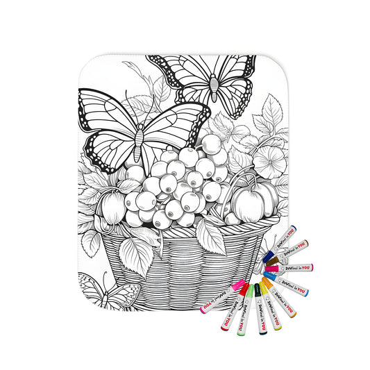 Vibrant blanket featuring colorful fruit arrangement and butterfly designs