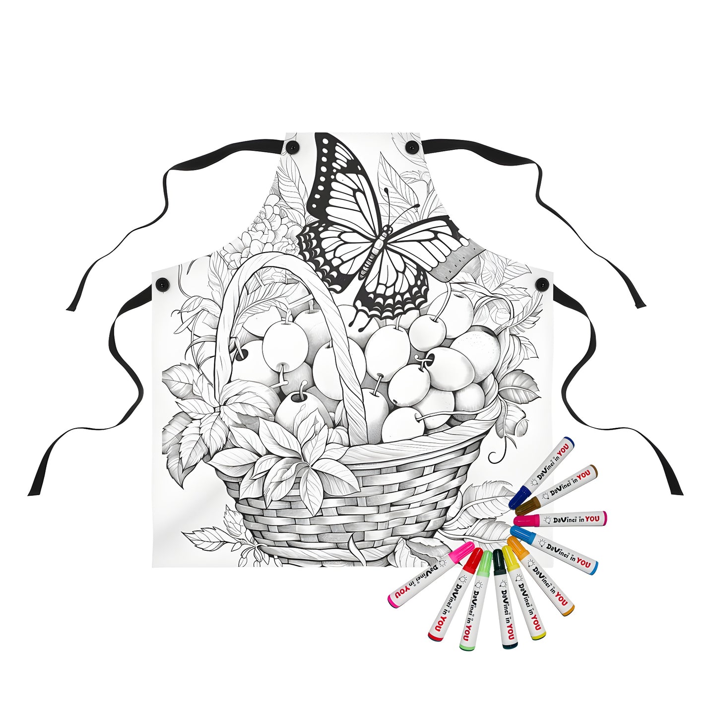 Coloring apron featuring colorful butterfly on fruit basket design