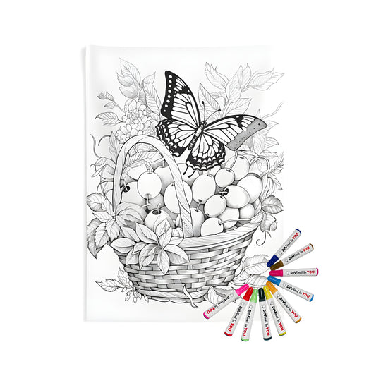 Coloring pages on fabric featuring a beautiful butterfly perched on a fruit basket with leaves and flowers