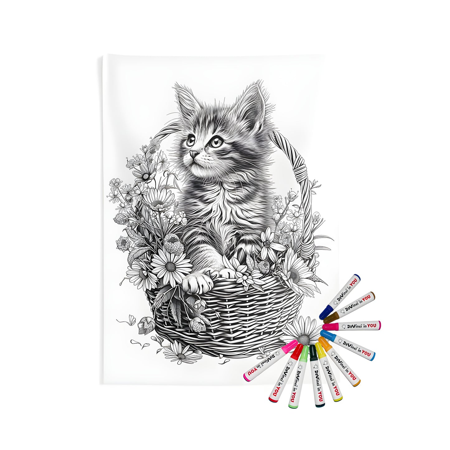 Coloring kit for indoor wall tapestries with cute kitten and basket design