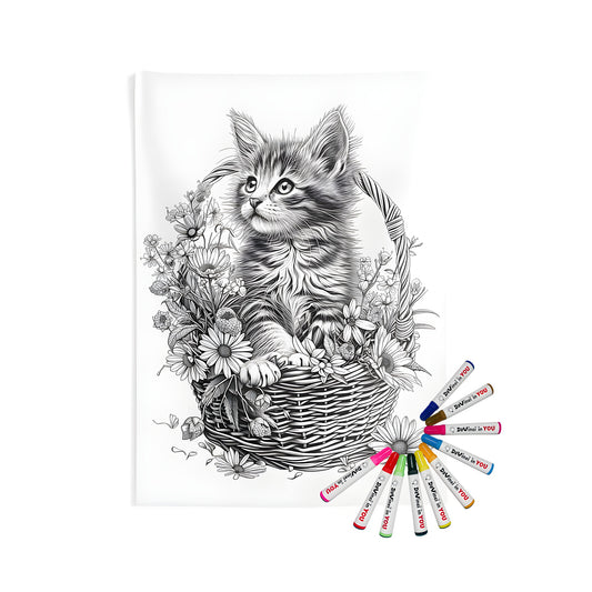 Coloring kit for indoor wall tapestries with cute kitten and basket design