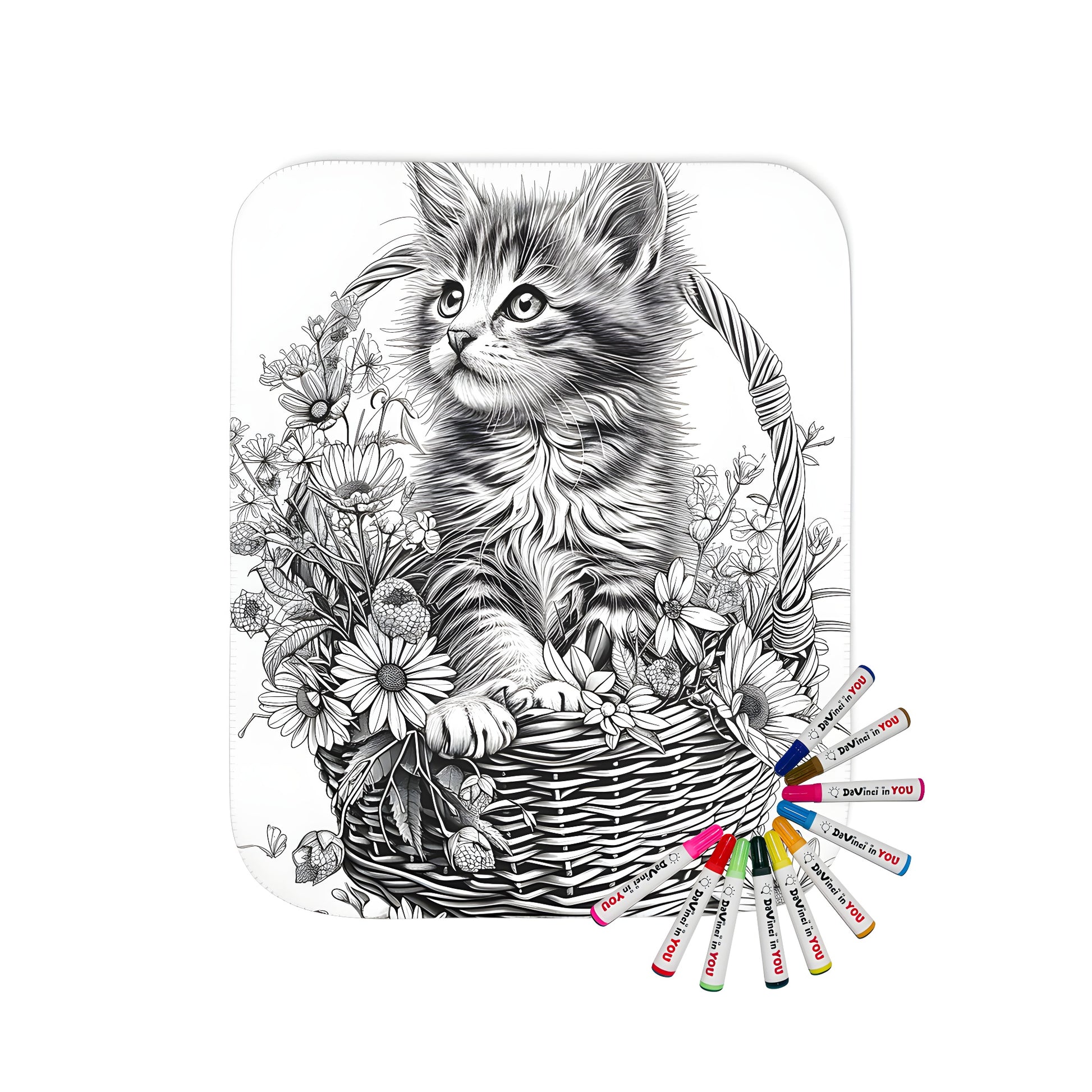 Whimsical kitten sitting in a basket blanket design