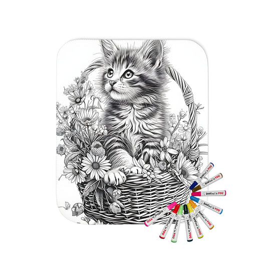 Whimsical kitten sitting in a basket blanket design