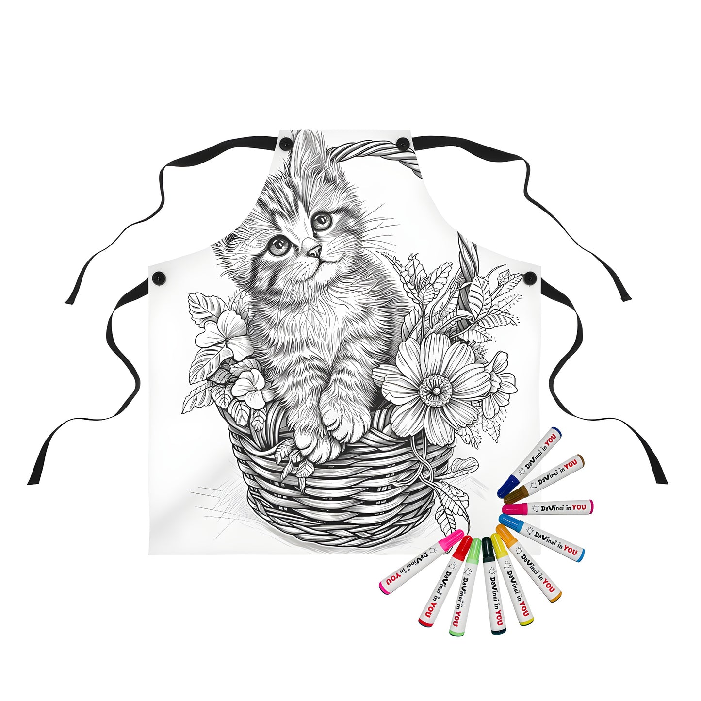 Colorful kitten sitting in a wicker basket apron design