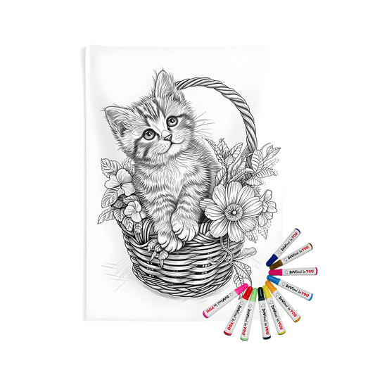 Detailed line art of kitten sitting in basket with flowers on indoor wall tapestry design for adult coloring book enthusiasts