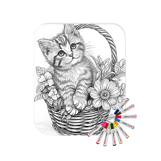 Cozy blanket with a cute kitten sitting in a wicker basket, surrounded by vibrant flowers and intricate details