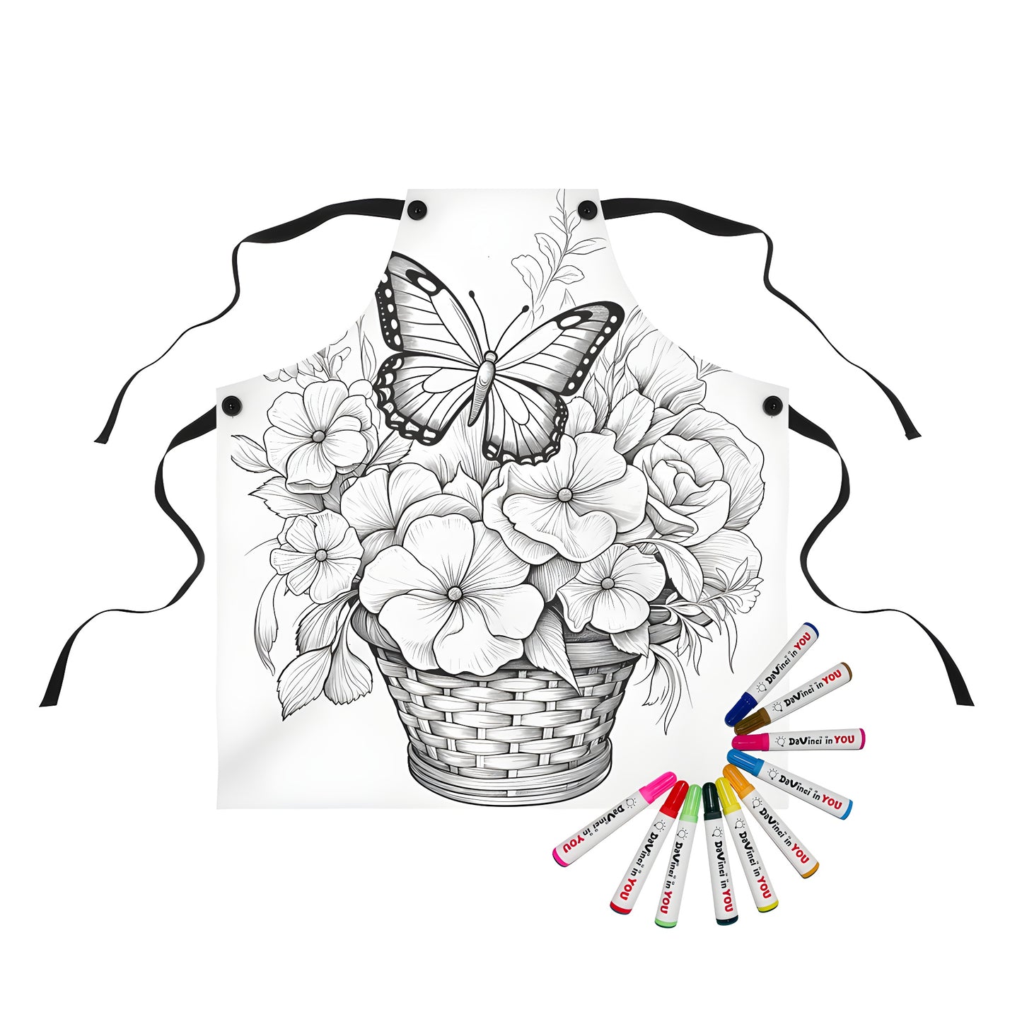 Colorful apron featuring floral basket and butterfly design