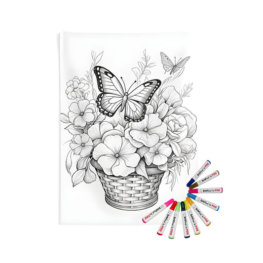 Colorful floral basket wall tapestry with butterflies and flowers