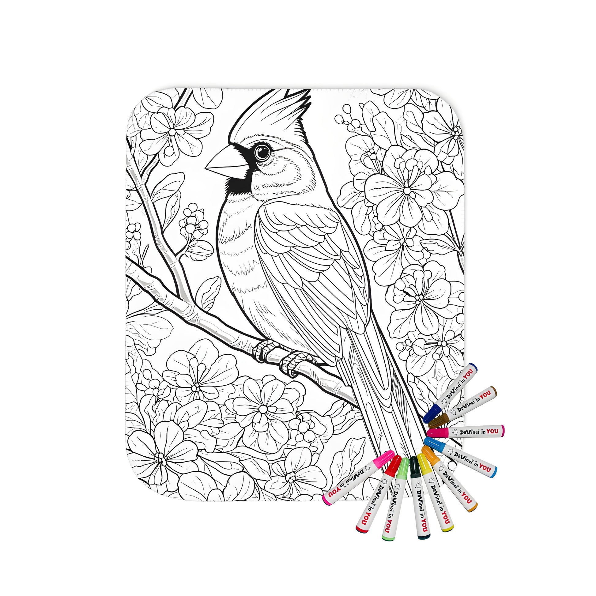 A beautiful blanket featuring a detailed black and white drawing of a cardinal bird perched on a branch amidst blooming flowers, perfect for coloring. Soft, cozy, and vibrant.