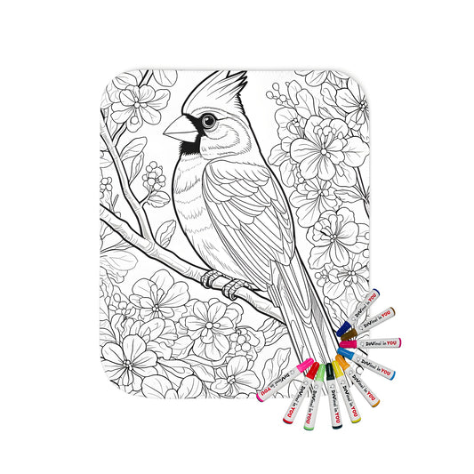 A beautiful blanket featuring a detailed black and white drawing of a cardinal bird perched on a branch amidst blooming flowers, perfect for coloring. Soft, cozy, and vibrant.