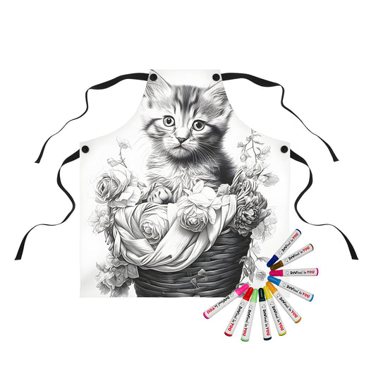 Whimsical kitten in a basket apron design, featuring a black and white illustration of a cute cat surrounded by flowers