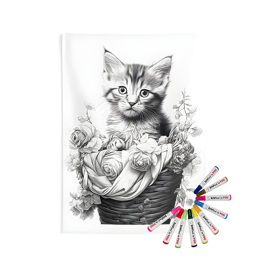 Kitten in a basket wall tapestry with fabric markers