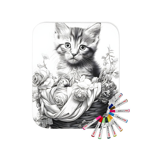 Whimsical kitten sitting in a wicker basket surrounded by colorful flowers on a soft, cozy blanket