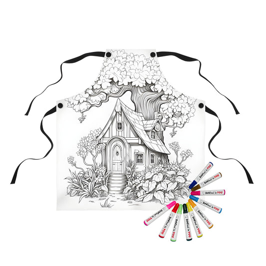 Whimsical apron with charming cottage scene printed on fabric, featuring a detailed line drawing of a quaint country home under a tall tree surrounded by vibrant flowers and lush greenery