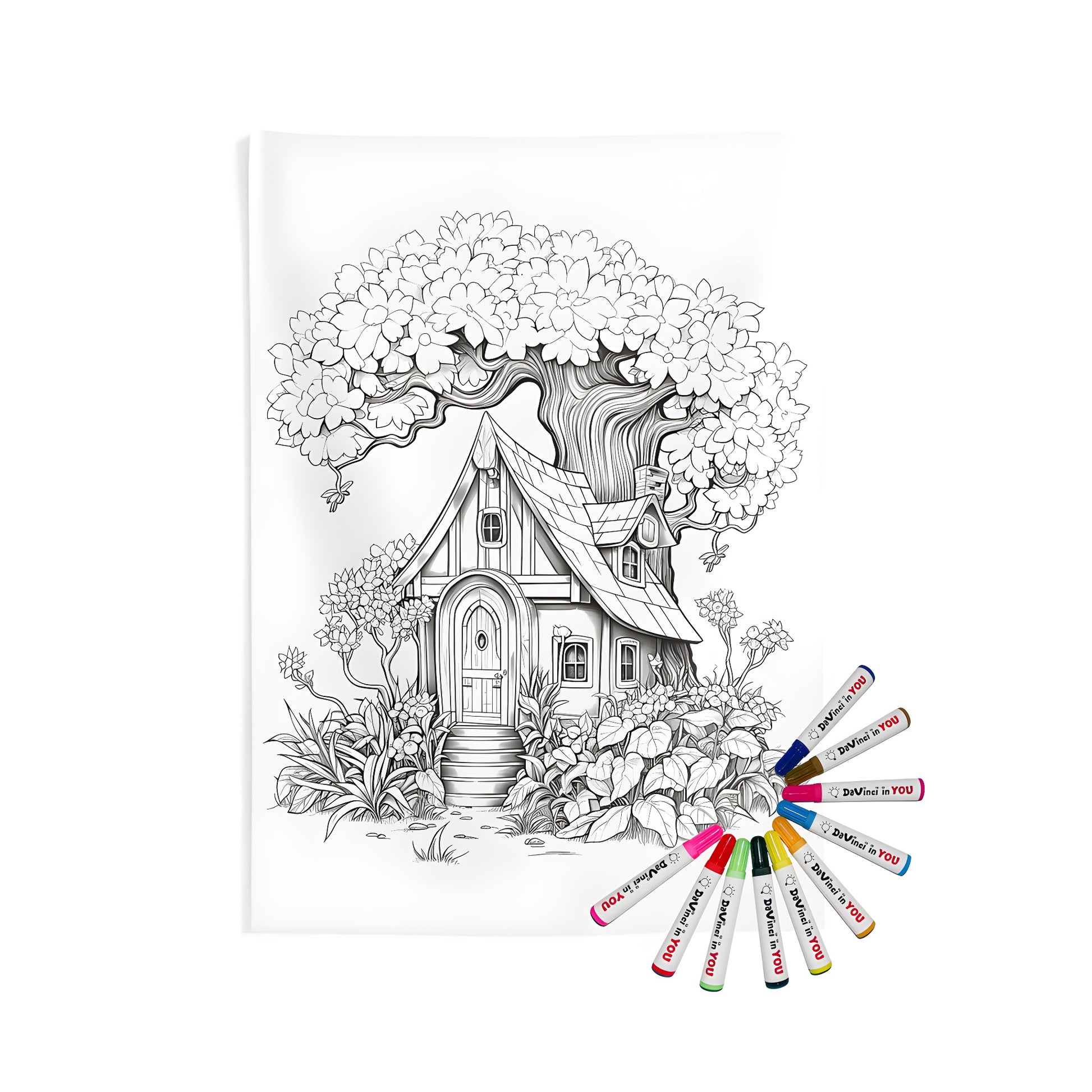 Quaint cottage wall tapestry with garden details and whimsical charm