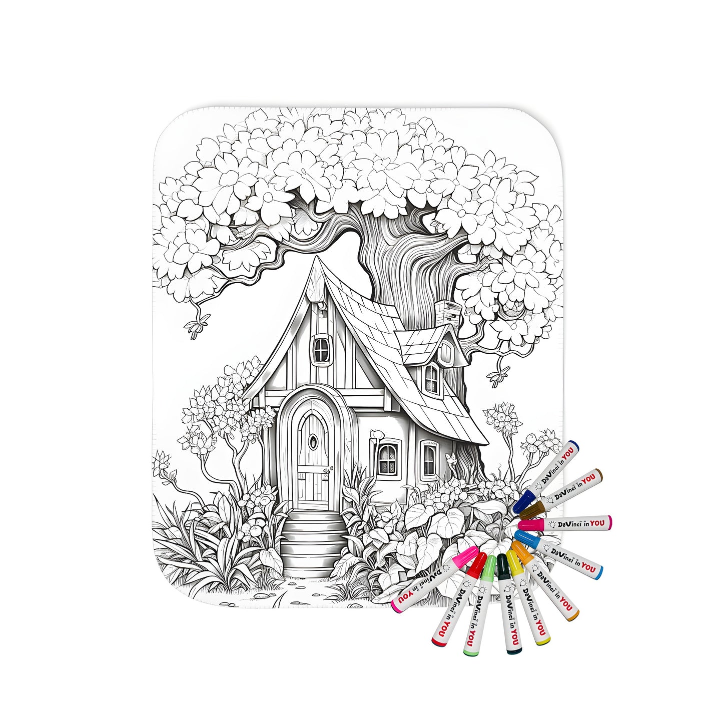 Cozy blanket featuring a whimsical drawing of a charming countryside cottage scene, complete with lush greenery and vibrant flowers