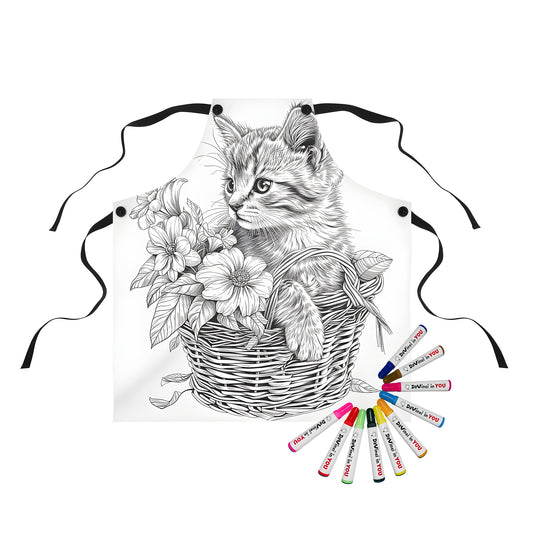 Whimsical cat design apron featuring a detailed black and white drawing of a kitten sitting in a wicker basket surrounded by flowers, perfect for cat lovers and crafty customers