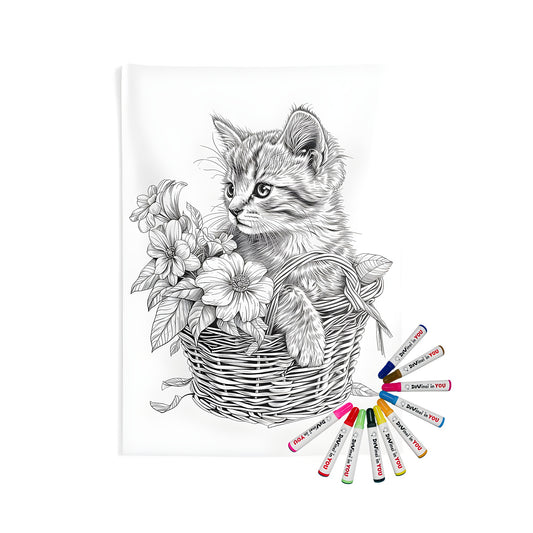 Whimsical indoor wall tapestry with a charming kitten design, perfect for cat lovers and fans of coloring pages. Includes 10 vibrant fabric markers.