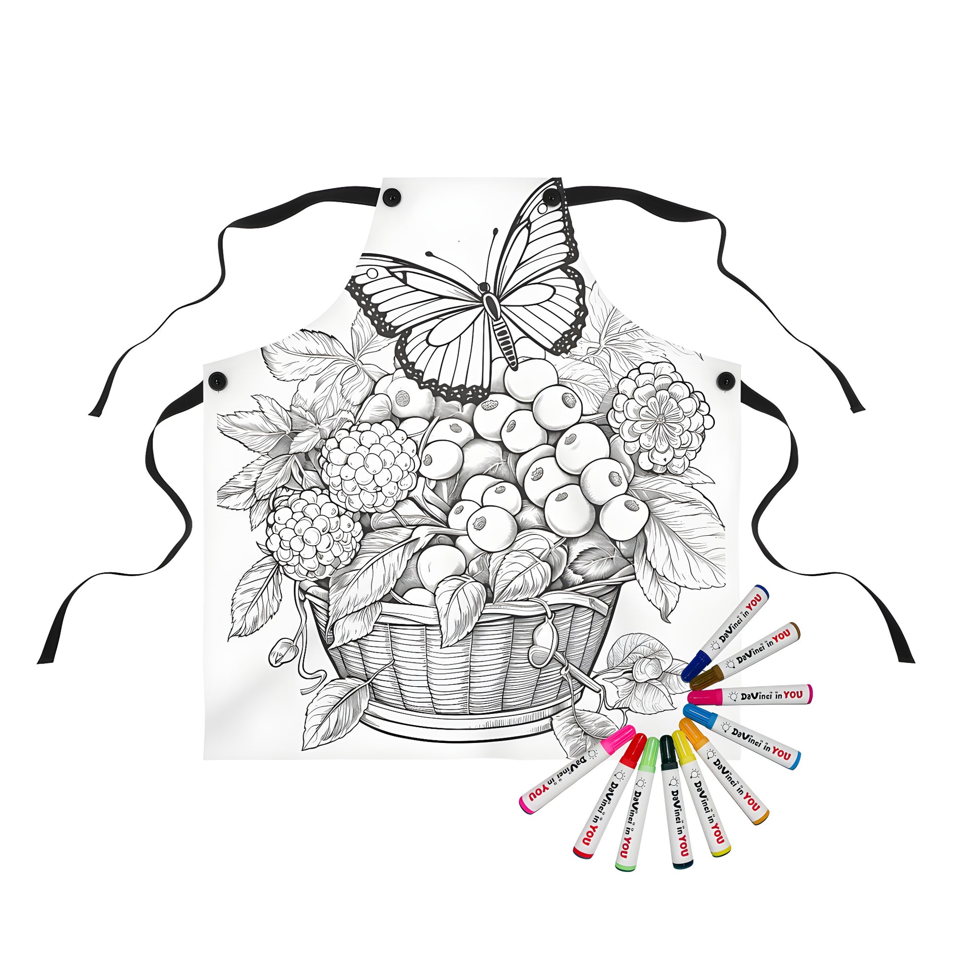 Apron with colorful butterfly and fruit basket illustration for adult coloring book enthusiasts