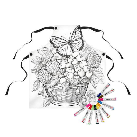 Apron with colorful butterfly and fruit basket illustration for adult coloring book enthusiasts