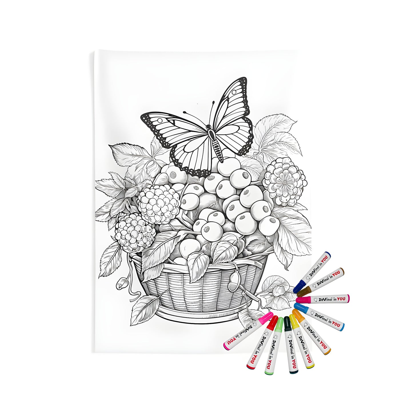 A colorful illustration of a butterfly perched on a wicker basket filled with various fruits and leaves, printed on an indoor wall tapestry.