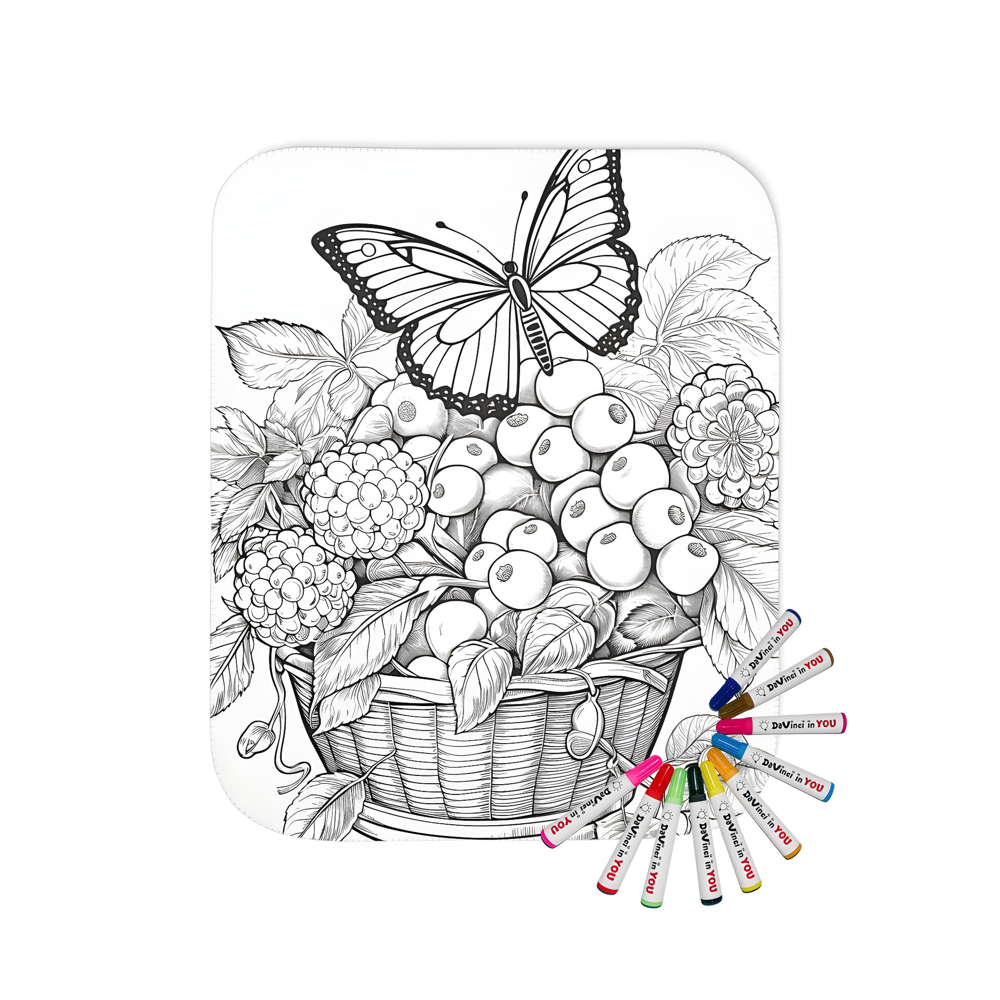 Delicate butterfly illustration on a colorful blanket with an abundant fruit basket scene, intricate details, and vibrant markings