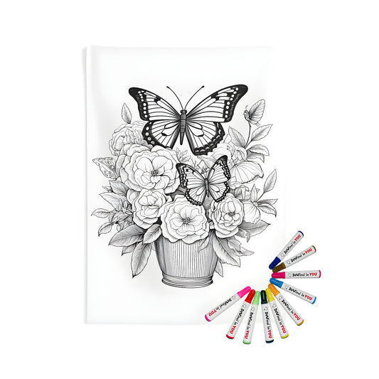 Wall tapestry featuring intricate butterflies and flowers design, perfect for coloring