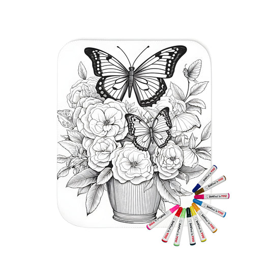 Coloring kit blanket with fabric markers featuring an intricate line drawing of two butterflies surrounded by flowers in a vase