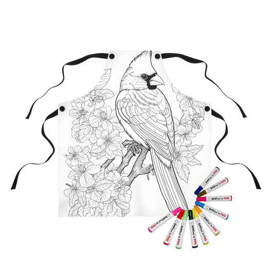 Colorful apron design inspired by a black-and-white line drawing of a cardinal perched on a branch with blooming flowers, perfect for adult coloring and creative expression