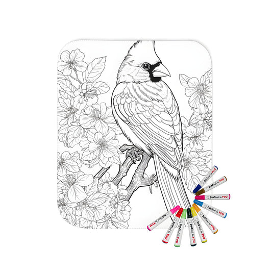 Coloring blanket featuring a charming black-and-white line drawing of a cardinal bird perched on a branch with blooming flowers