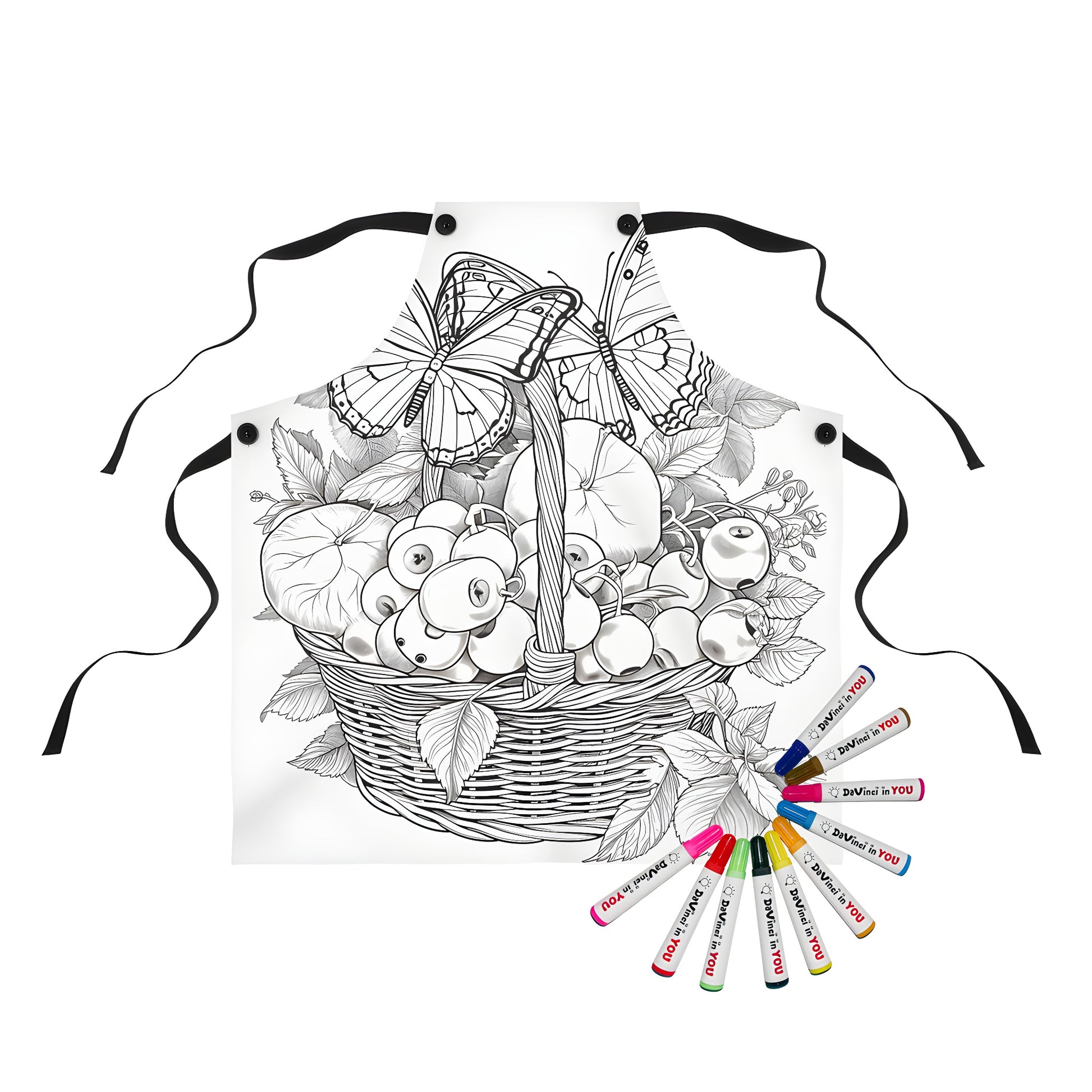 Coloring apron featuring an illustration of two butterflies resting on a wicker basket filled with various fruits and surrounded by leaves