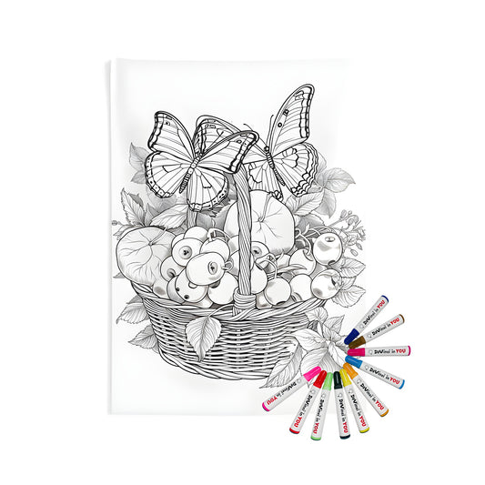 Indoor wall tapestries featuring a colorful butterflies and fruit basket illustration, perfect for home decor