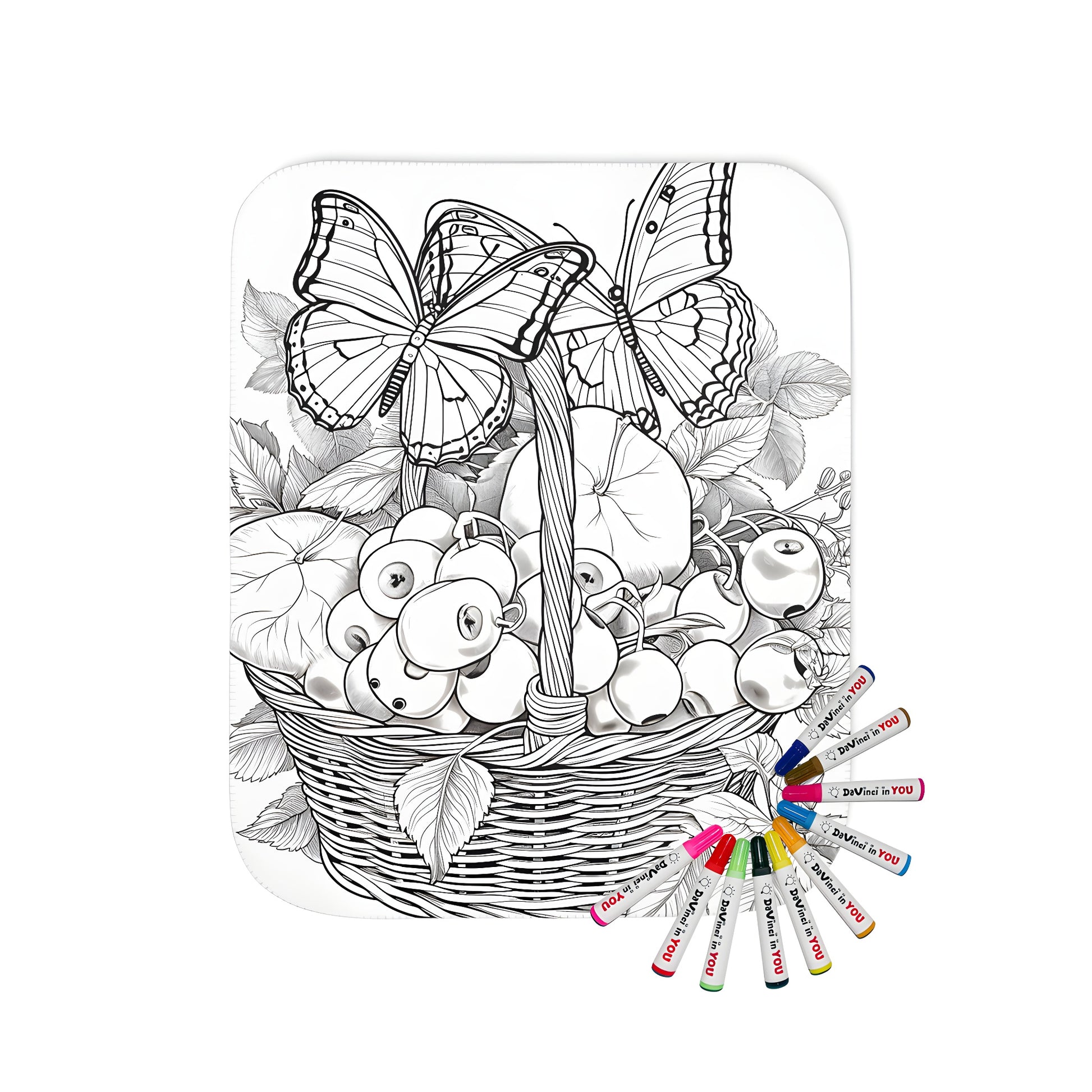 Cozy blanket featuring a monochrome illustration of butterflies resting on a wicker basket filled with fruits and surrounded by leaves.