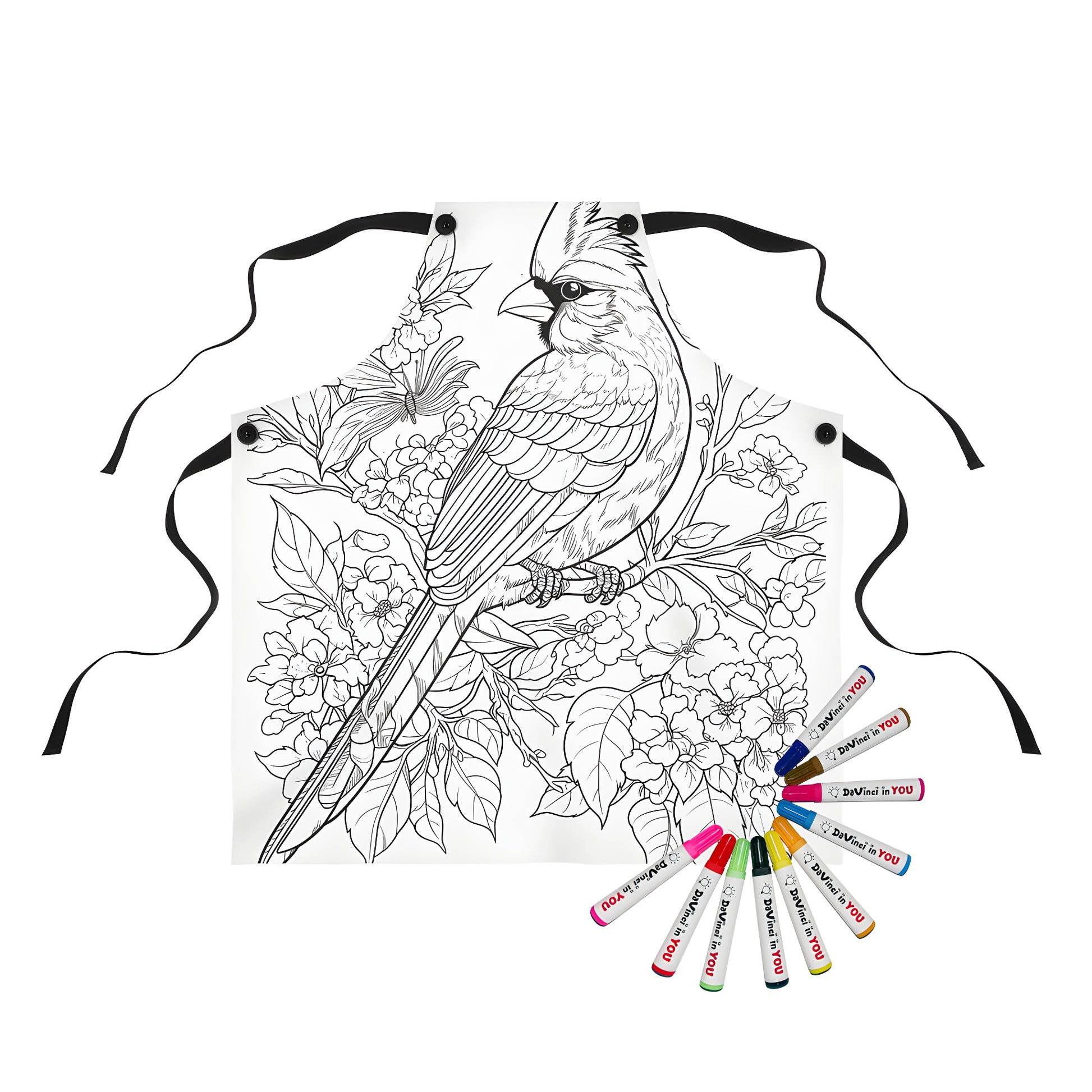 Colorful Apron with cardinal bird design, perfect for kids and adults alike, featuring detailed line art of a cardinal perched on a branch surrounded by flowers and leaves. Great for coloring activities and fun fashion accessories.