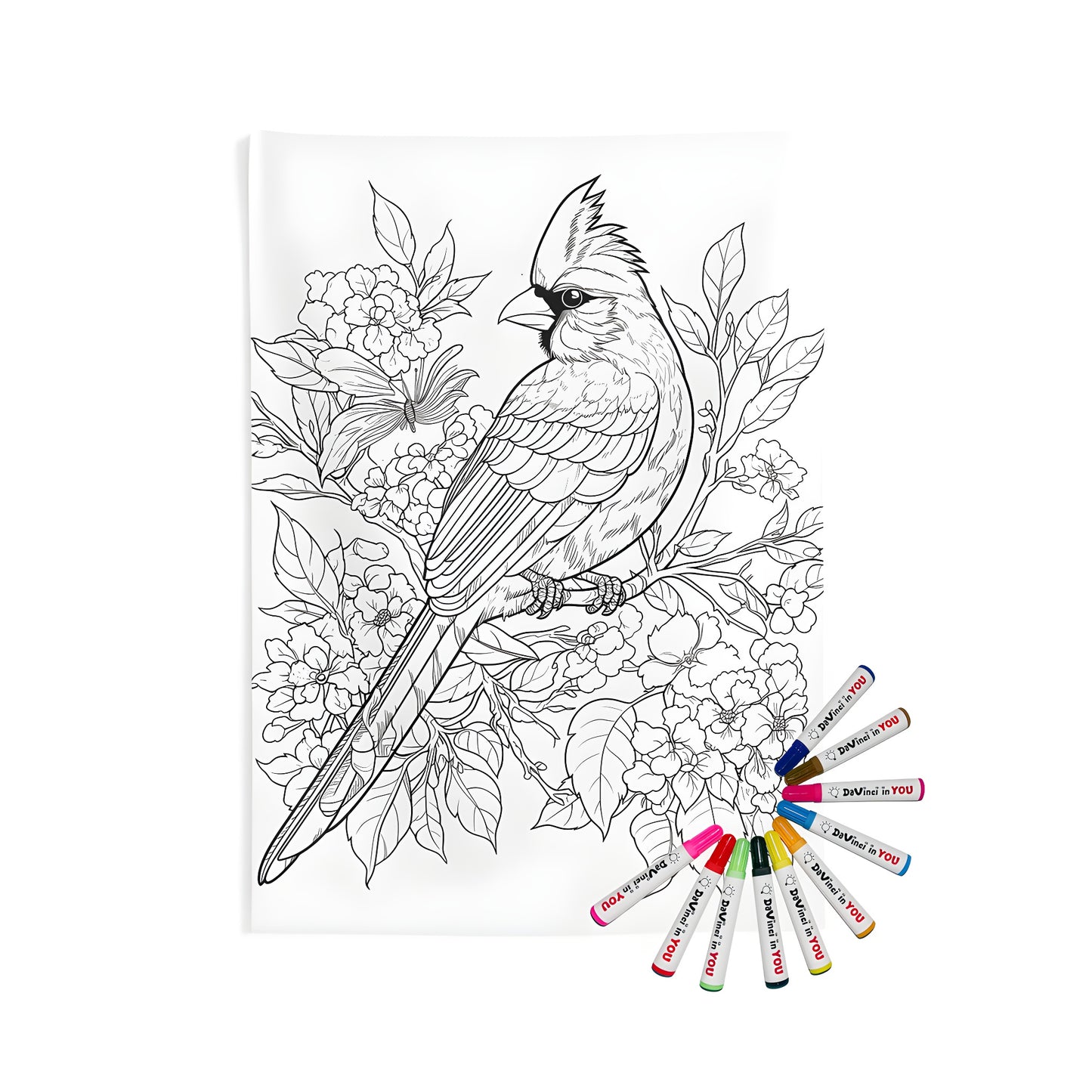 Detailed line art of a cardinal perched on a branch surrounded by flowers and leaves for coloring. Indoor wall tapestries with cardinal design perfect for coloring activities.